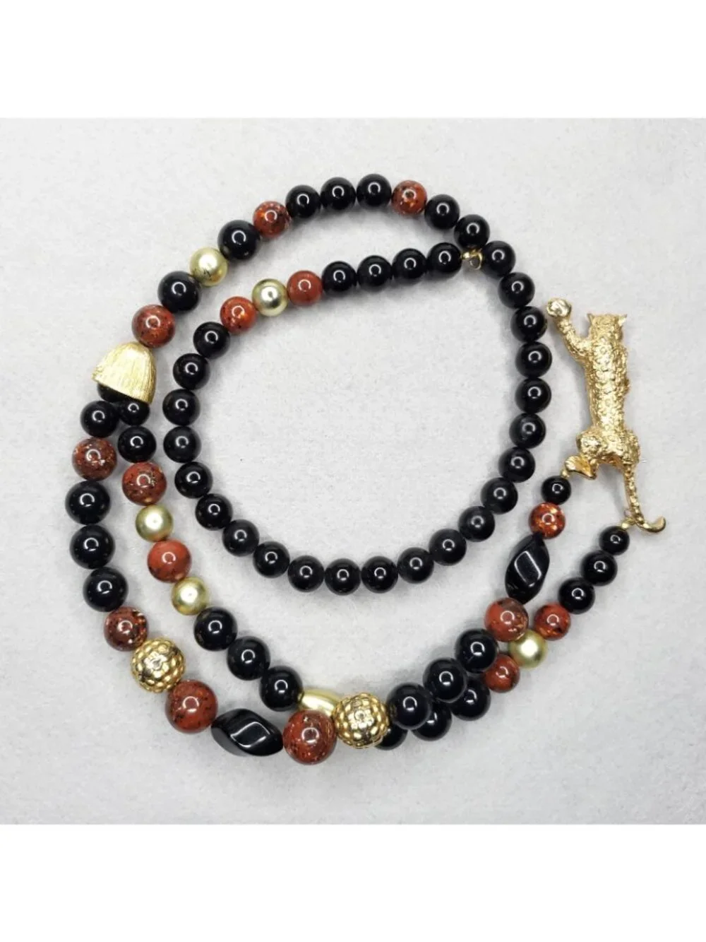 Vintage Beaded Necklace Gold Tone Leopard Black Brown 30